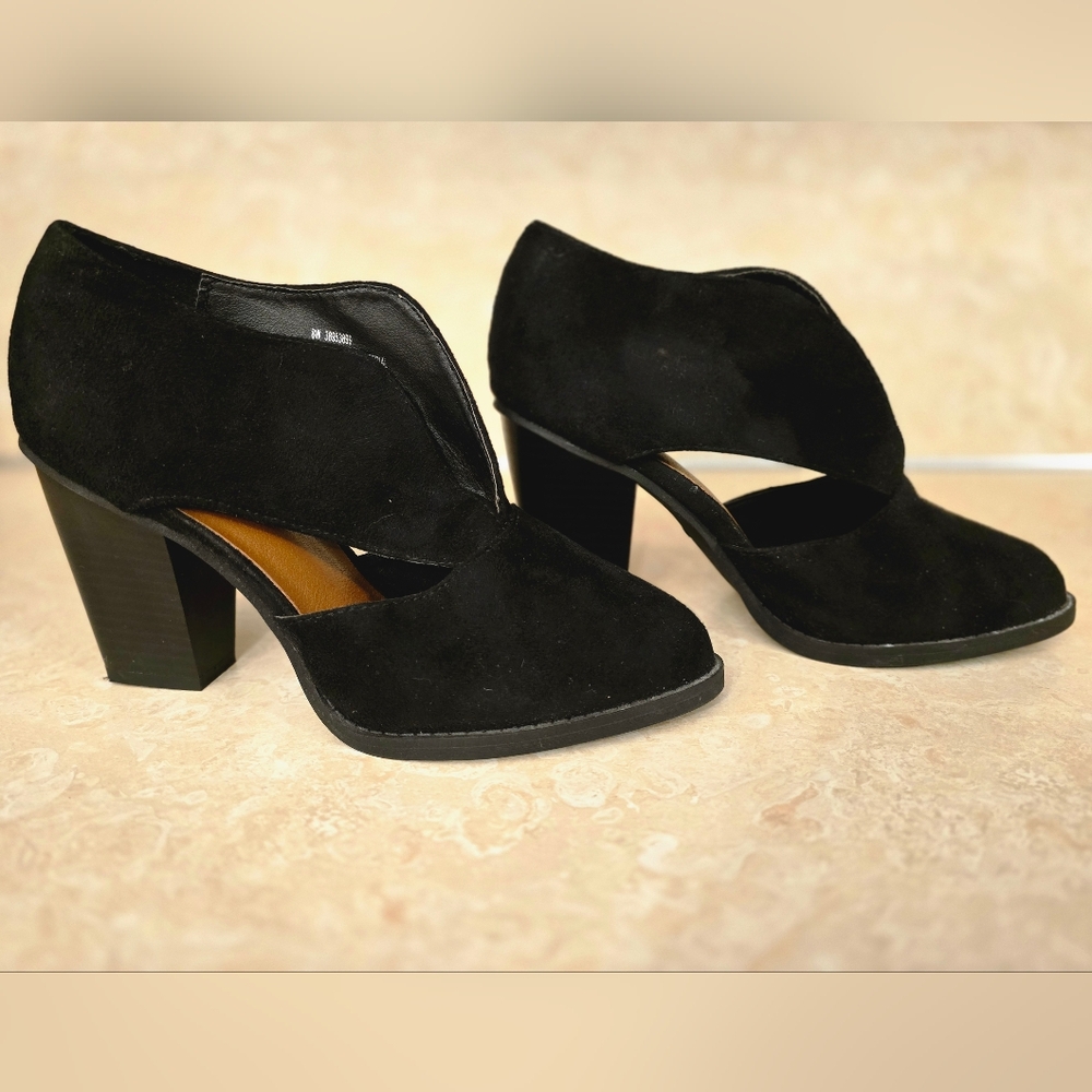 Cato Deep V Black Suede Ankle Bootie/Heel